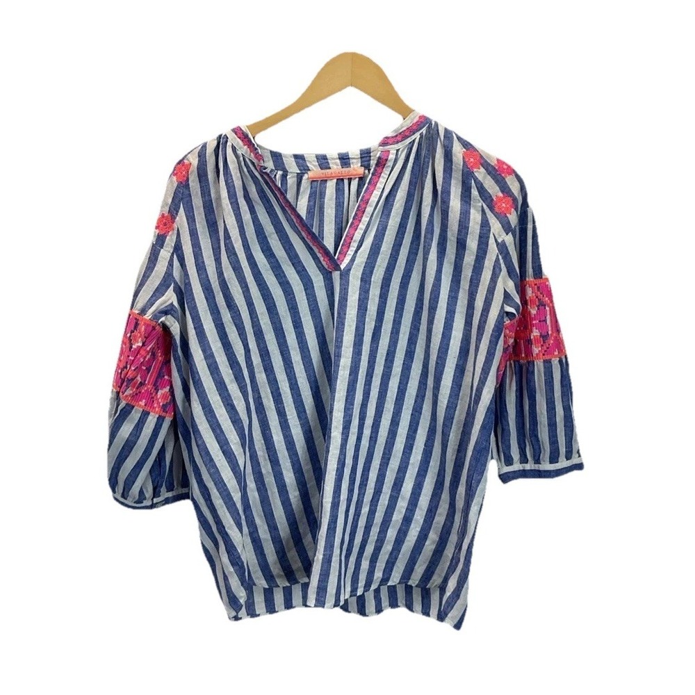Vilagallo Linen Blnd Top Embroidered Shirt Sz 40 Us 6 Boho V-Neck Striped Art